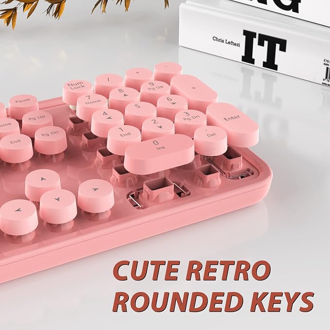 Kootop Wireless Keyboard Cute Colorful 104 Keys Typewriter Retro Round Keycaps Keyboard for PC LaptopDesktopWindows Home and Office Keyboards (Pink)