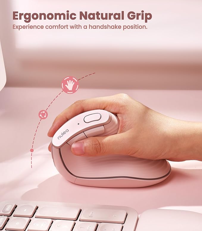 Nulea M510 Vertical Mouse Wireless Ergonomic Mouse for Comfy Tracking 3 Adjustable DPI (800-1200-1600) 2.4G Wireless Vertical Mouse with 6 Buttons Compatible with Windows Mac OS Laptop PCPink