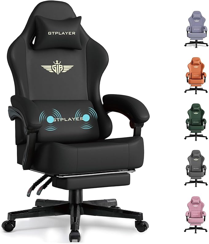 GTPLAYER Gaming Chair with Pocket Spring Cushion Big and Tall Gamings Chairs 350LBS High Back Computer Chair with Footrest for Adults Lumbar Support Swivel Game Chair for OfficeLeather Black-Massage