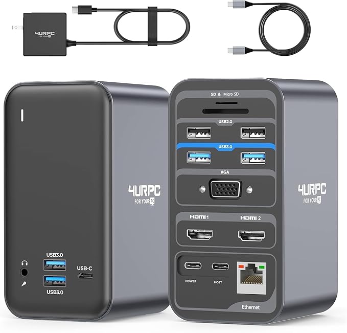 4URPC USB C Docking Station Dual Monitor Dual HDMI USB C Dock Laptop Docking Station with 2 HDMI Ports VGA 7 USB 65W Power Adapter Ethernet SD/TF Audio/Mic for Windows and ChromeOS
