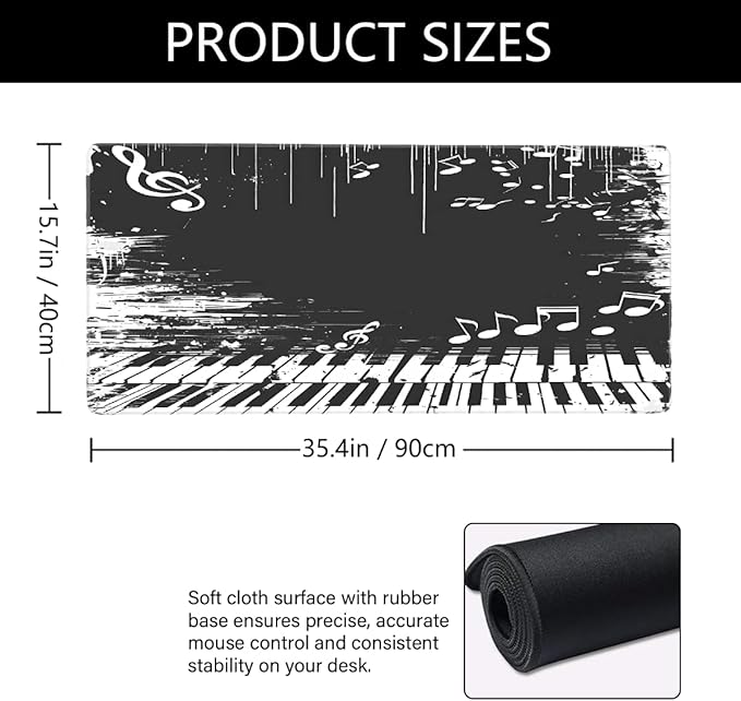White Piano Note Music Large Mouse Pad Gaming Mousepad Desk Mat for Desktop Computer Keyboard Waterproof Mouse Mat Desk Pad with Non-Slip Base for Game School Office Home 35.4 x 15.7