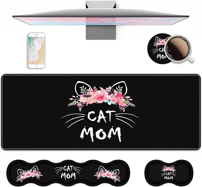 4 in 1 Ergonomic Keyboard Wrist Rest &amp Mouse Pad Wrist Rest Set Large XXL Gaming Desk Mat 31.5x 11.8 with Non-Slip Base Memory Foam for Home Office Study Gaming Cat Mom Floral