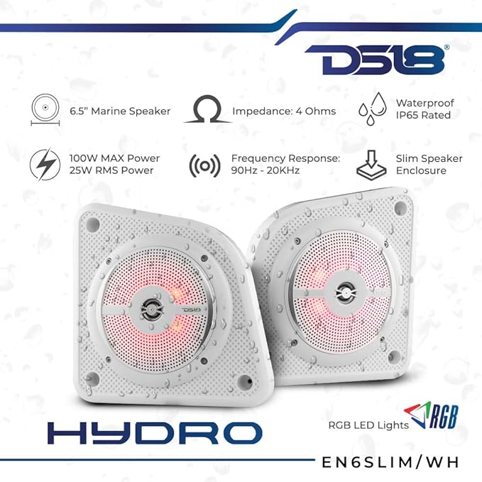 DS18 EN6SLIM/WH 6.5” 2-Way Universal Slim Loaded Speaker Enclosure Integrated RGB LED Lighting - for All Elements UTV ATV &amp Jeeps Shallow Enclosure with Marine Water Resistant Speakers Pair