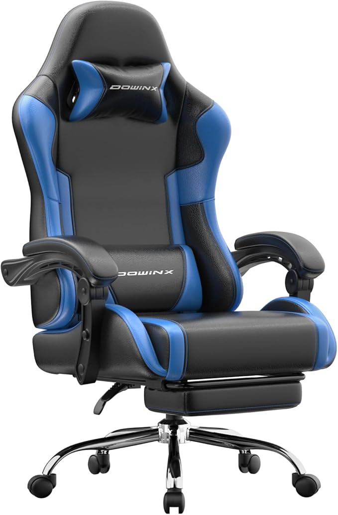 Dowinx Ergonomic Gaming Chair with Footrest &amp Massage Lumbar 2D-Linkage Armrests for Computer Chair 330lbs with Headrest Pillow for Office Home Streaming and Long Gaming Sessions Blue