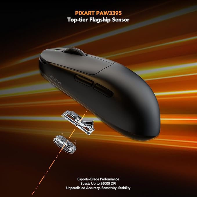 KYSONA Mercury Wireless Gaming Mouse41g Ultalight PAW3395 Sensor 8K Polling Rate26000 DPI5 Programmable Buttons Optical Mice for PC/MAC/LaptopBlack