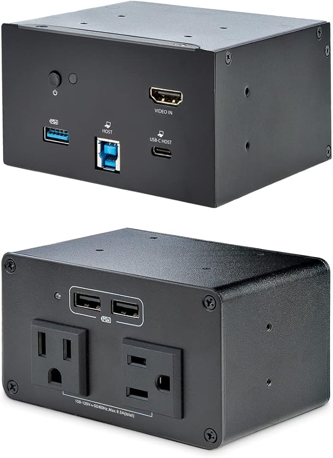 StarTech.com Conference Room Docking Station with Power/Charging Table Connectivity Box Universal USB-C Laptop Dock 60W PD 4K HDMI USB Hub Audio 2X AC Outlets 2xUSB Charge Ports TAA