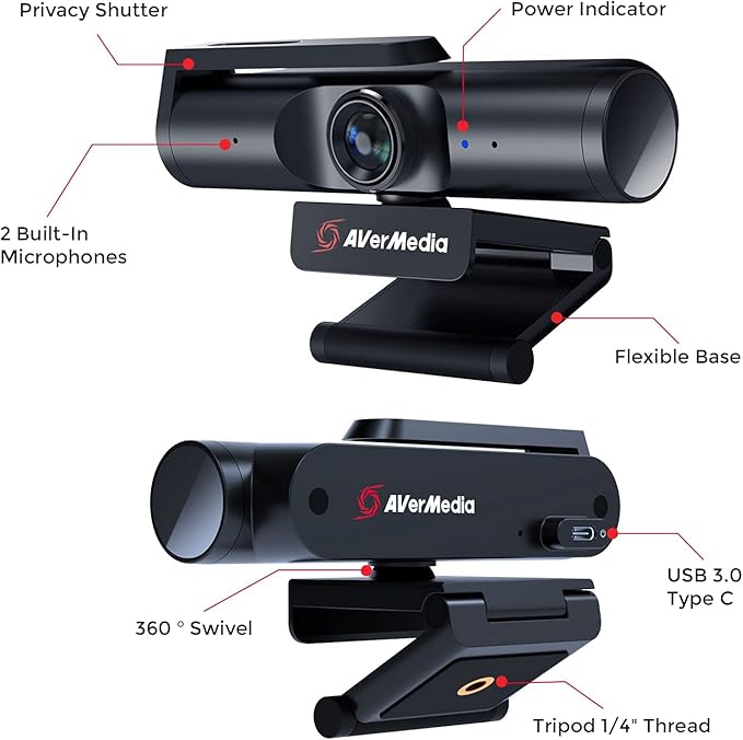 AVerMedia Live Streamer CAM 513-4K 30 fps UHD Ultra Wide Angle Webcam with Fixed-Focus Glass Lens for Indoor Lighting Works with OBS Zoom Black