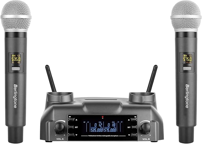 Berlingtone) Professional Dual Dynamic Handheld UHF Wireless Microphone System Magnetic Wireless Charging 200 Adjustable Frequency Channels for Karaoke Meeting Church up 200ft Range BR-60UM