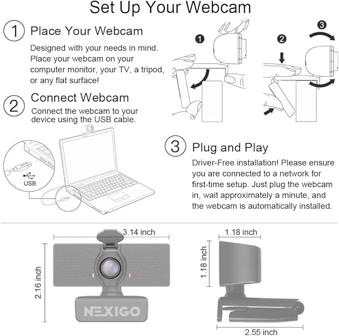 NexiGo N60 1080P Webcam with Microphone Software Control &amp Privacy Cover USB HD Computer Web Camera Plug and Play for Zoom/Skype/Teams Conferencing and Video Calling