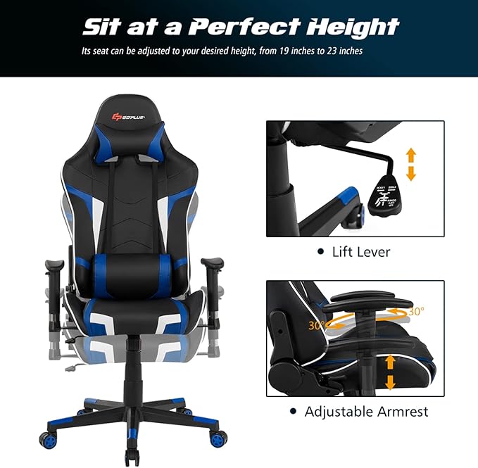 Goplus Gaming Chair - Racing Style High Back PU Leather Adjustable Arms &amp Headrest Ergonomic Reclining Game Chair with Rolling Swivel Base
