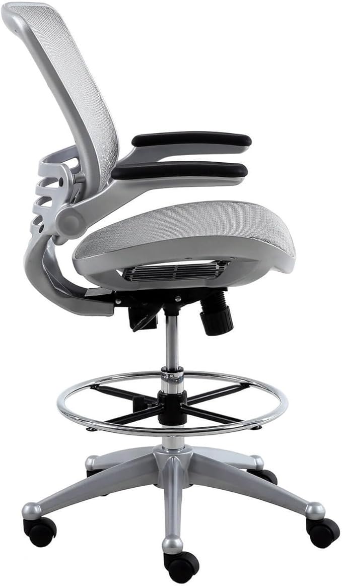 Maykoosh Mesh Drafting Chair - Adjustable Height &amp Lumbar Support - Heavy Duty Rolling Chair - Platinum