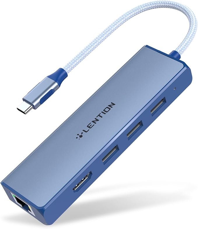LENTION USB C Hub with 1000M Gigabit Ethernet Adapter 4K HDMI Display 3xUSB-A 3.0 Ports for MacBook Pro/Air/Neo Dell Lenovo HP Laptops and More Stable Driver Certified (C25 Blue)