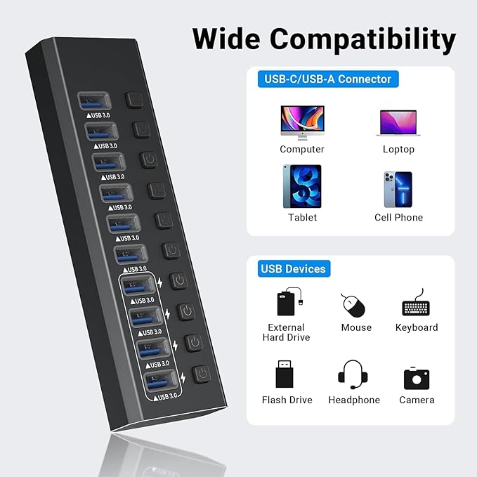 Powered USB 3.0 Hub Aluminum 10 Port USB 3.0 Data Hub with 12V/4A (48W) Power Adapter and Individual On/Off Switches &amp LEDUSB Extension for MacBook Mac Pro/Mini and More