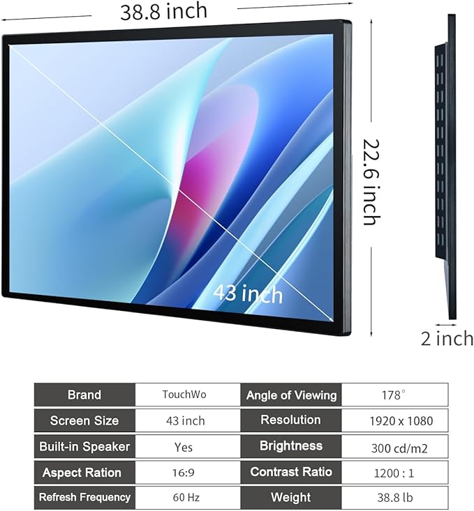 43 inch Capacitive Multi-Touch Screen Industrial Monitor 16:9 Display 1920 x 1080P Built-in Speakers USB VGA DVI &amp HD-MI Ports Digital Signage Displays and Player for Advertising