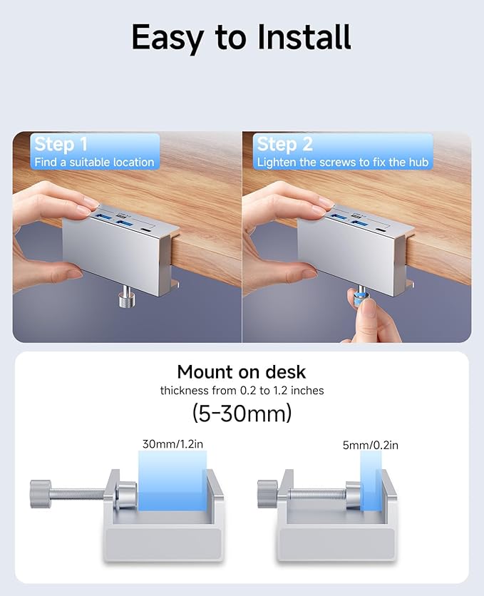 USB Hub 3.0 5Gbps Clamp USB Hub for Desk/Monitors with Extra Power Supply Port 3 USB-A Data Ports USB-C Data Port for iMac Pro/iMac (Silver)