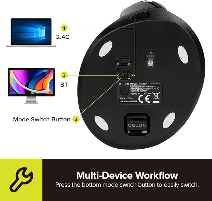 DELUX Left Handed Ergonomic Mouse Mini Wireless Vertical Mouse Silent Click Ergonomic Mouse Up to 4000 DPI 6 Buttons Rechargeable Bluetooth/2.4G/ Wired Tri-Mode for Laptop/PC (M618ZD-Black)