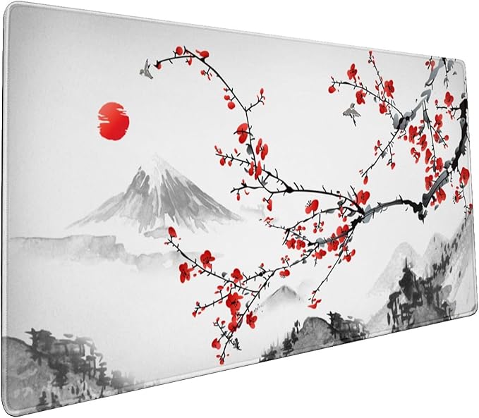 AQQA Extended Gaming Mouse Pad Cherry Blossoms Japanese XXXXL Full Desk Mousepad 48 x 24 Non Slip Desk Mat with Stitched Edge Computer Keyboard Mat for Office