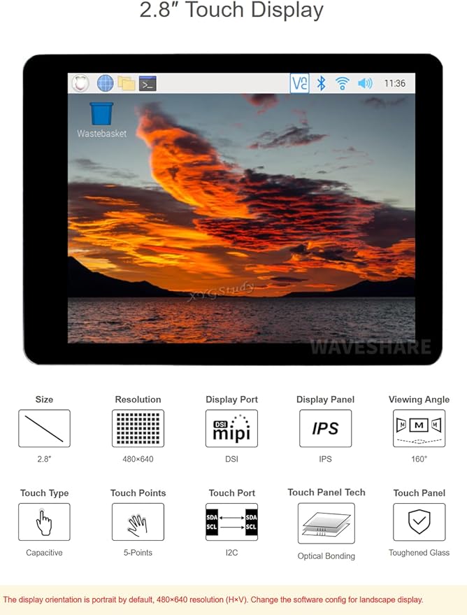 2.8inch DSI Capacitive 480×640 IPS Display Panel Touch Display LCD for Raspberry Pi 5/4B/3B+/3A+ with I2C Touch Port and Fully Laminated Screen