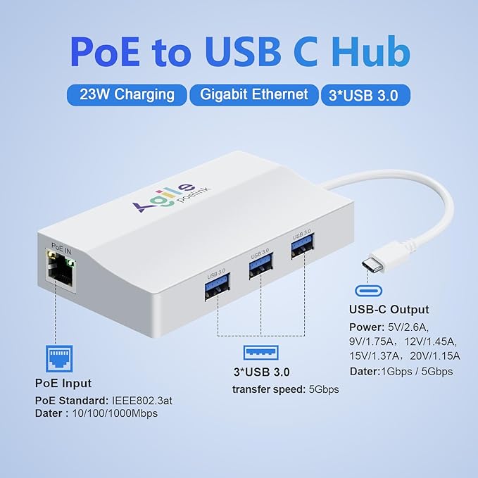 PoE to USB C Hub USB-C to Ethernet Multiport Adapter Plug &amp Play 5 in 1 (Gigabit Ethernet 23W Powered by POE 802.3at 3*USB 3.0) to Type-C Adapter for Smart Phone/Tablet