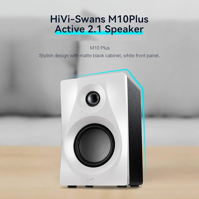 HiVi-Swans M10 Plus White Bookshelf Speaker Bluetooth Powered Computer Speakers with Subwoofer 2.1 Home Speakers Stereo System – 60W RMS – AUX Audio