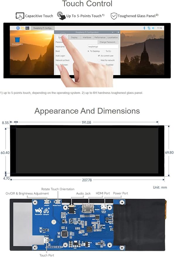 waveshare 7.9inch Capacitive Touch Screen LCD Compatible with Raspberry Pi 5/4B/3B+/3A+/2B/B+/A+/Zero/Zero W/WH/Zero 2W CM3+/4 400×1280 Resolution HDMI IPS Supports Jetson Nano/Windows