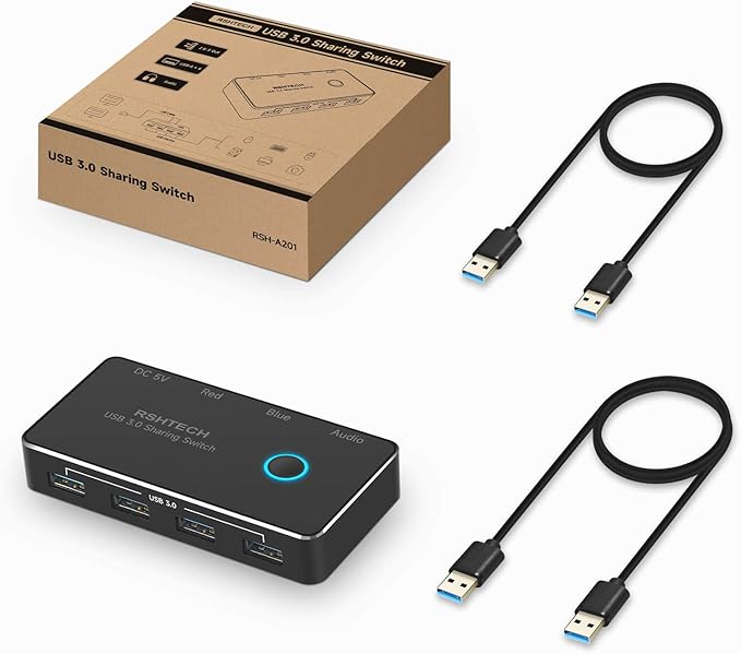RSHTECH USB 3.0 Switch Selector Aluminum with 4 USB-3.0 Ports 3.5mm Audio Jack 2 Computers Sharing 5 Peripheral Devices USB KM Switcher hub with 2 USB Cable for Keyboard Mouse Printer