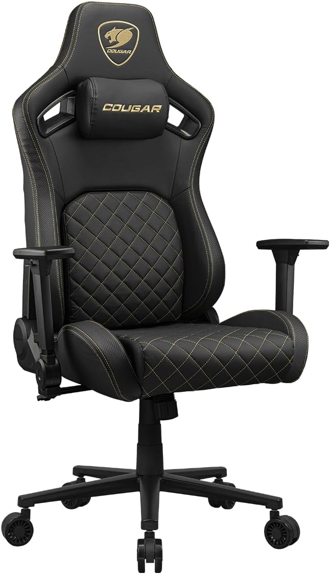 Cougar Defensor Ergonomic Office/Gaming Chair Adjustable Height and Tilt 155º Recline 4D Folding Armrests Durable Hyper-Dura Leatherette Upholstery 120 kg Capacity – Gold