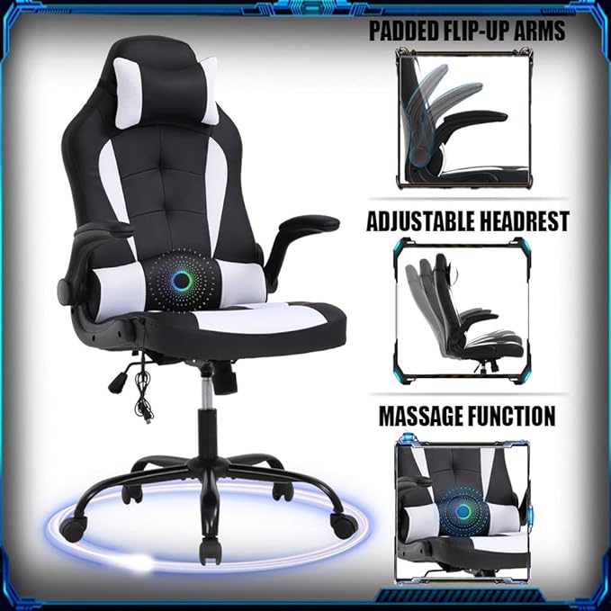 PC Gaming Chair Ergonomic Racing Heavy Duty Office Chair Video Game Chair Massage Function Lumbar Support with Flip Up Arms &amp Headrest Nice Chic Desk Chair Adjustable Best Home Office Chair - Wh