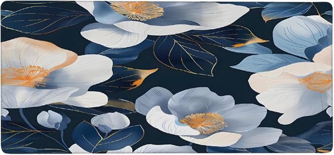 Blue Floral Flower Large Mouse Pad Gaming Mousepad Desk Mat for Desktop Computer Keyboard Waterproof Mouse Mat Desk Pad with Non-Slip Base for Game School Office Home 35.4 x 15.7