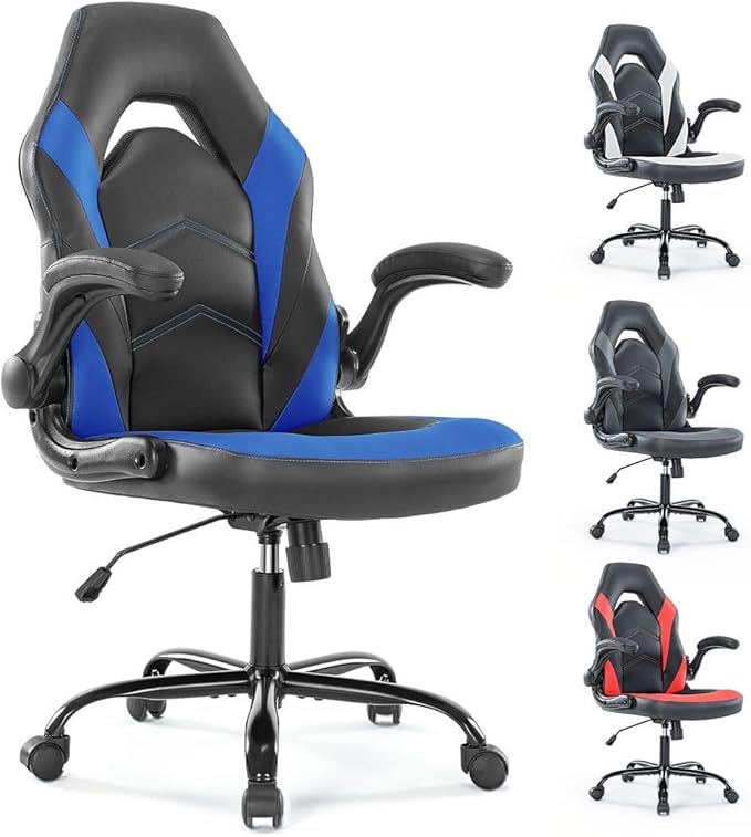 Heavy Duty Gaming Chair Ergonomic Gamer for Home Office with Lumbar Support Adjustable Backrest Flip-Up Armrest and Stable 360° Swivel Wheels for Adults Professional Gamers and Teens Black-Blue
