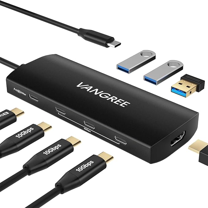 USB C Hub 8 in 1 Multiport Adapter 3 USB 3.2 Gen 2 Ports with 10Gbps 3 USB-A 3.0 5Gbps 4K@60Hz HDMI 100W PD USBC Splitter for MacBook Pro iPad Pro Mac mini and More(Not Support USB-C Monitor)