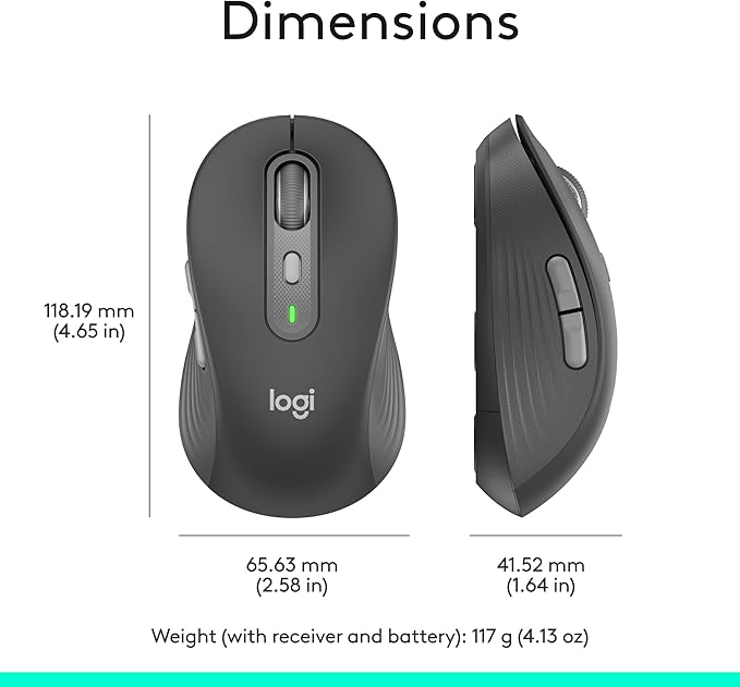 Logitech Signature Plus M750 L Wireless Mouse - for Large Hands SmartWheel Bluetooth Multi Device 24-Month Battery Silent Clicks Customizable Side Buttons Contoured Shape - Graphite