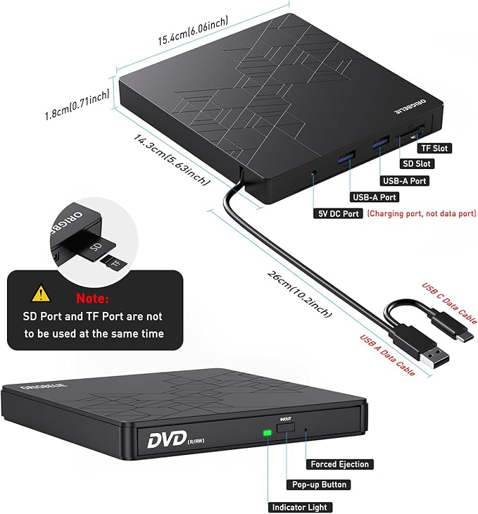 External CD DVD Drive CD Burner USB 3.0 with 2 USB Ports and 2 TF/SD Card Slots Optical Disk Drive for Laptop Mac PC Windows 11/10/8/7 Linux OS with Carrying Case