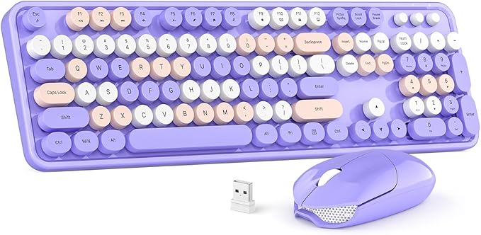 Wireless Keyboard and Mouse Combo MOWUX Colorful Computer Full Size 2.4G Plug and Play Wireless Typewriter Keyboard and Mouse Set for Windows Computer Desktop PC Notebook (Purple Colorful)