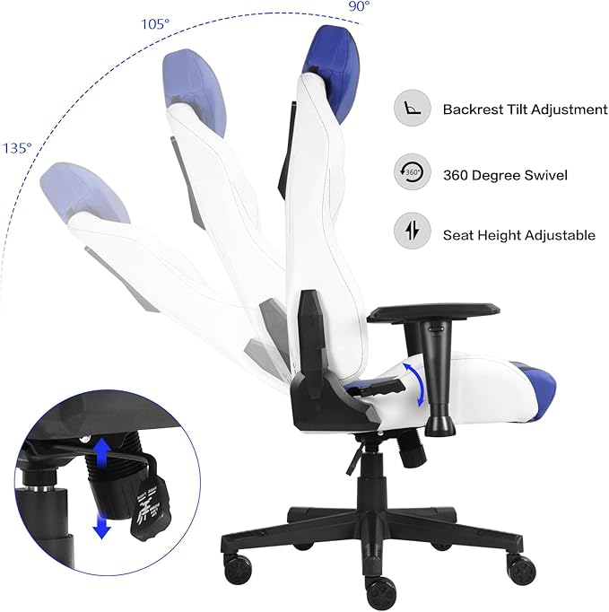 Modern-Depo Ergonomic Gaming Chairs for Adults with High-Density Memory Foam | Swivel Comfortable Office Chair Big and Tall Video Game Chair High Back Computer Chair for Home Office Blue White