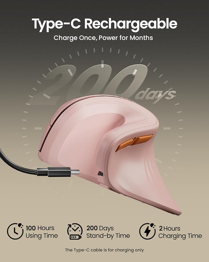 ProtoArc Ergonomic Mouse EM11 NL Bluetooth Rechargeable Wireless Vertical Mouse 3 Multi-Device Connectivity for Computer/PC/Laptop 2.4GHz USB-A Optical Mice for Windows Mac OS Pink