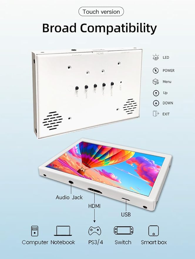 mini Monitors Touch Compact Screen 5 inch HDMI IPS 480x800 HD LCD Lightweight White Portable Sub Display with Speakers for PC Laptop