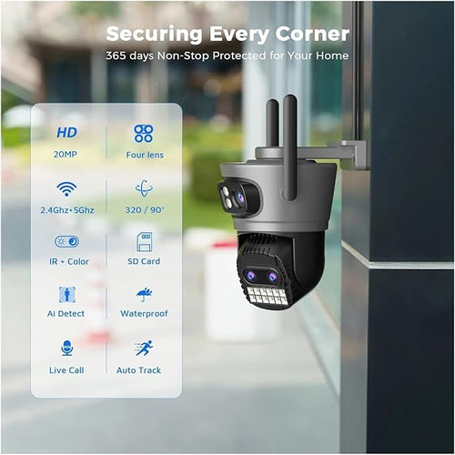 16MP WiFi Camera IP PTZ Three Screen 180° Wide Angle Auto Tracking 10X Digital Zoom 20MP Security Protection(EU Plug20MP NO SD Card)