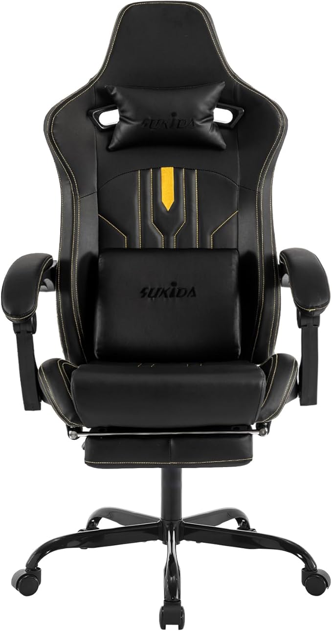 Gaming Chair with Footrest Ergonomic Computer Chair Massage Lumbar Cushion Racing Video Game Chair Adjustable Rocker Recliner Executive Office Desk Chair Pu Leather for Adults