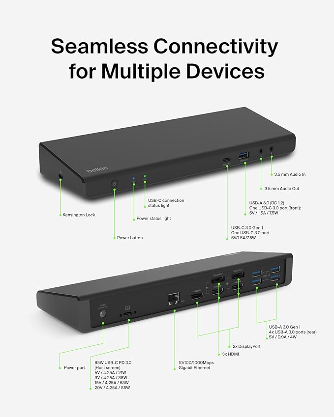 Belkin 15-in-1 Universal Triple Display DisplayLink Docking Station Hub w/ 3 HDMI Ports 2 DisplayPorts for Triple 4K Display w/ 85W PD 3.5mm Mic/Speaker 1 USB-C &amp 5 USB-A Ports Black