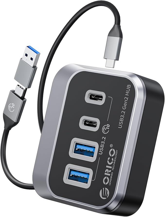 ORICO USB Hub 10Gbps with 2 USB A Ports+2 USB C Ports USB 3.2 Gen 2 Hub with 3.28Ft USB-C-A/C Cable USB Splitter for iMac MacBooks Mac mini