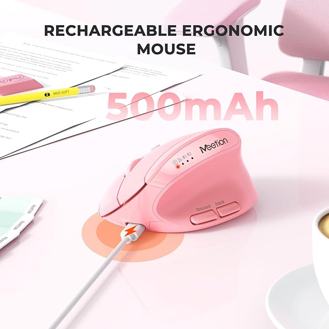 MEETION Pink Wireless Ergonomic Mouse Bluetooth Vertical Rechargeable Mice 4 Adjustable DPI 800-2400 Bluetooth 5.2+5.2+USB Mouse for Windows/Mac for Laptop/PC/Desktop/Computer/iPad