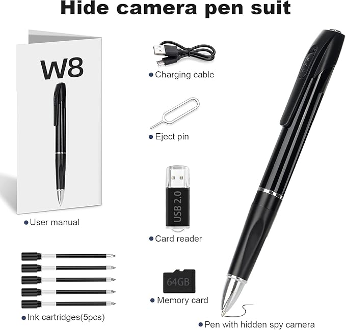 Mini Camera Pen 1080P HD Security Camera 64GB Storage 150 Mins Use USB Charging Pocket Cam 5 Refills
