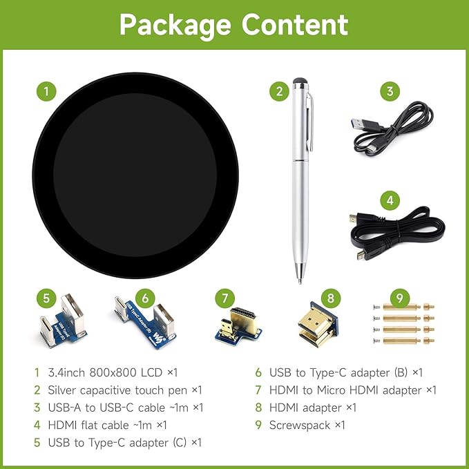 waveshare 3.4inch HDMI Round Touch Display 800×800 Resolution IPS 10-Point Touch Compatible with Raspberry Pi 5/4B/3B/Zero/Zero W/Zero 2W/Pico/Pico W/Pico WH Support Jetson Nano and Mini PC