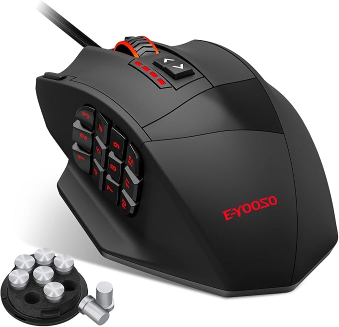 Premium Wired MMO Gaming Mouse For MOBA/FPS/RPG16400 DPIRapid Fire One-Button Triple Shot5.9FT Cable5 RGB Backlit18 Programmable Side Buttons 8 x 2.4g Weight TuningFor PC Computer/Desktop