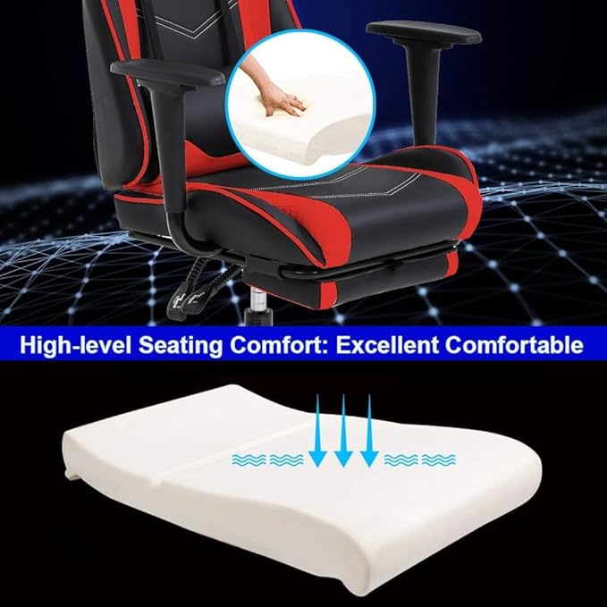 PC Gaming Chair with Footrest Ergonomic Home Office Chair with Lumbar Support &amp Headrest Pillow Height Adjustable Swivel Recliner Racing Computer Video Game Chairs Red