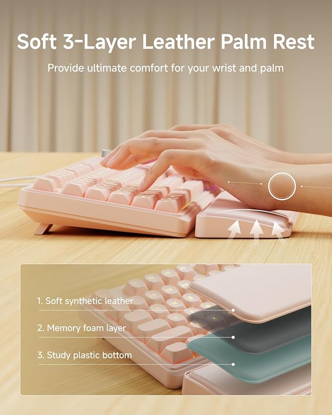 C98 Wired Keyboard and Mouse Combo Wired Computer Keyboards with Wrist Palm Double-Shot Keycaps Silent RGB Backlight Keyboard for Windows/MAC/PC (Creamy Pink)