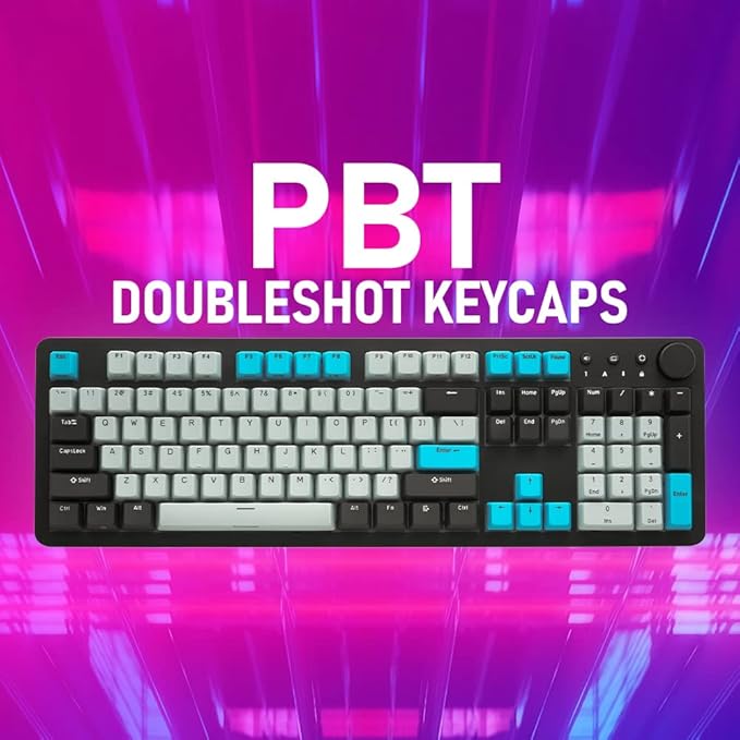 i-rocks K73M Mechanical Gaming Keyboard with Media Control Knob 107 Keys PBT Keycaps Multimedia Hotkeys Detachable USB-C Cable (Cherry MX Brown Switches Cyberpunk Blue)