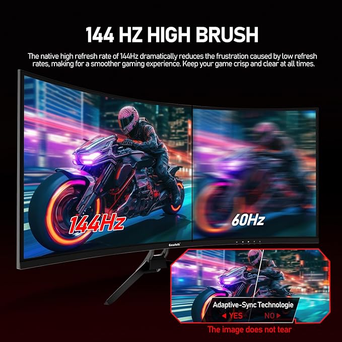 Gawfolk 34 Inch Ultrawide Curved 144Hz Gaming Computer Monitor 1500R PC Screen21:9 UWQHD (3440x1440)Adaptive Sync178° Viewing AngleDisplay Port、HDMI2.0Compatible with wall mounting - Black