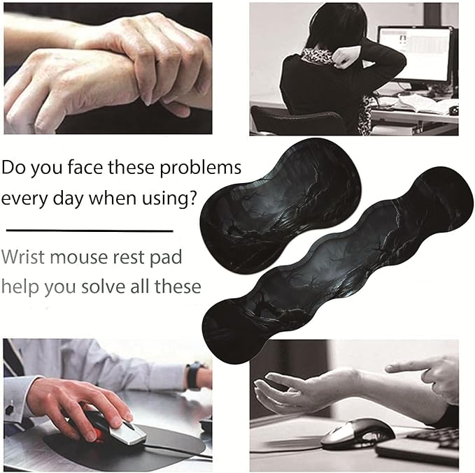 Large Gaming Table Pad 31.5 x 11.8 + Keyboard Wrist Pad + Mouse Wrist Pad + Coaster Non-Slip Base 4-in-1 Set Ergonomic Memory Foam Easy Typing Pain Relief Strange Mysterious Dark Forest